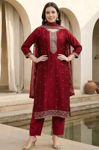 Women Ethnic Motifs Embroidered Thread Work Kurta with Trousers & With Dupatta