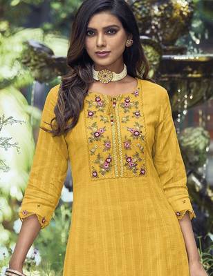 Women Floral Embroidered Thread Work Cotton Kurta with Trousers & With Dupatta 2