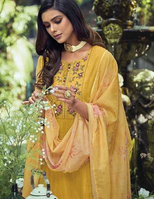 Women Floral Embroidered Thread Work Cotton Kurta with Trousers & With Dupatta 3