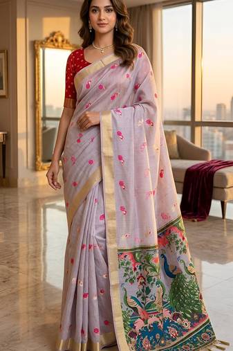 Lavender cotton woven saree with blouse