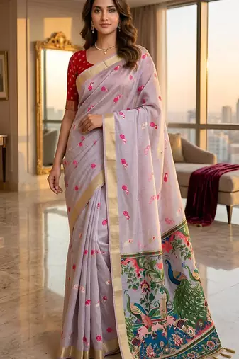 Lavender cotton woven saree with blouse