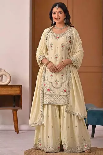 off white crep silk blend  blend party wear embroidery sharara suit set stitched