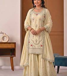 off white crep silk blend  blend party wear embroidery sharara suit set stitched
