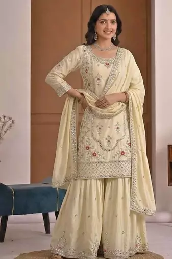 off white crep silk blend  blend party wear embroidery sharara suit set stitched