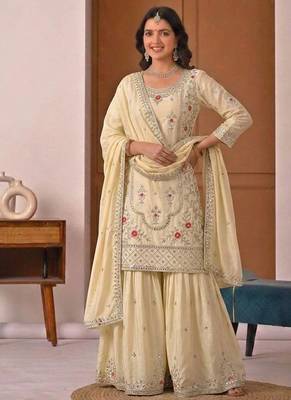 off white crep silk blend  blend party wear embroidery sharara suit set stitched 3