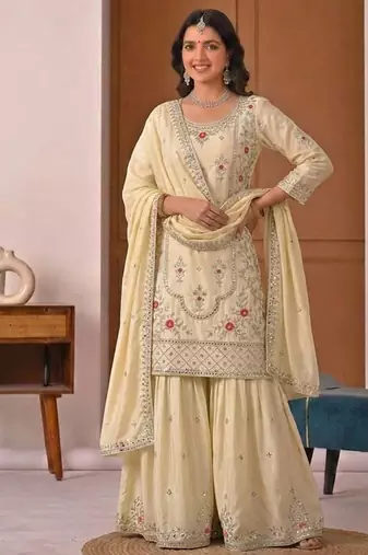 off white crep silk blend  blend party wear embroidery sharara suit set stitched