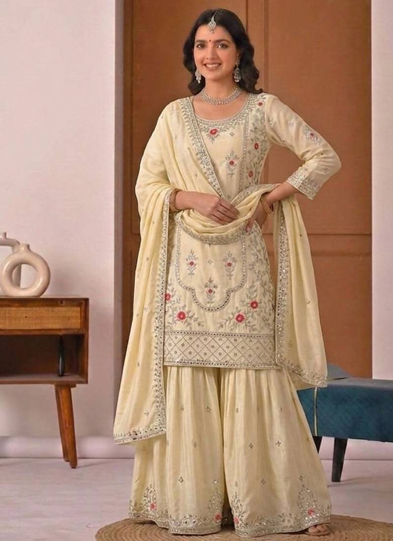 off white crep silk blend  blend party wear embroidery sharara suit set stitched