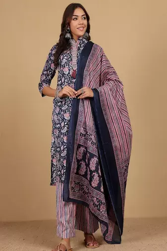 Floral printed cotton round neck kurta trouser & dupatta set