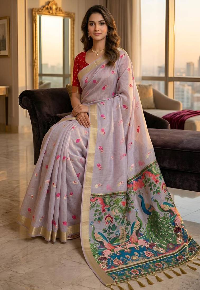 Lavender cotton woven saree with blouse