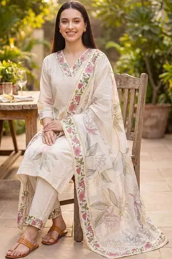 Women Floral Embroidered Thread Work Kurta with Trousers & With Dupatta