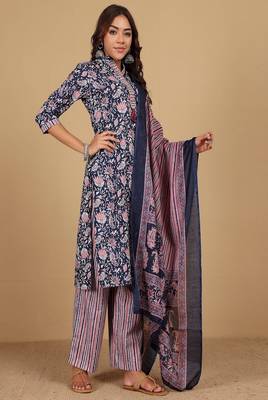 Floral printed cotton round neck kurta trouser & dupatta set 2