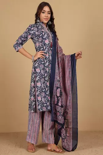 Floral printed cotton round neck kurta trouser & dupatta set