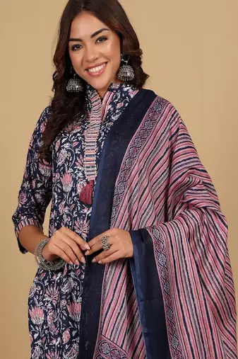Floral printed cotton round neck kurta trouser & dupatta set