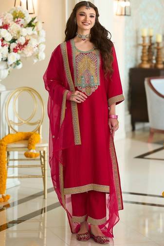 Women Ethnic Motifs Embroidered A-Line Kurta with Trousers & Dupatta