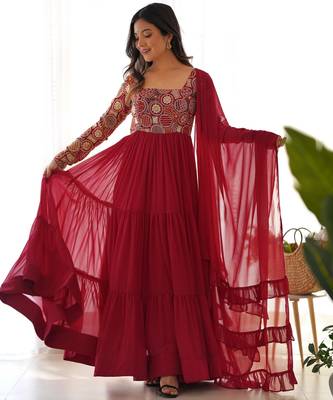 women's embroidery work faux georgette flared anarkali pant and dupatta set 1