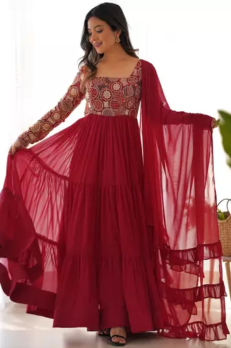 women's embroidery work faux georgette flared anarkali pant and dupatta set