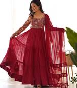 women's embroidery work faux georgette flared anarkali pant and dupatta set