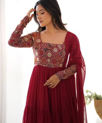 women's embroidery work faux georgette flared anarkali pant and dupatta set 4