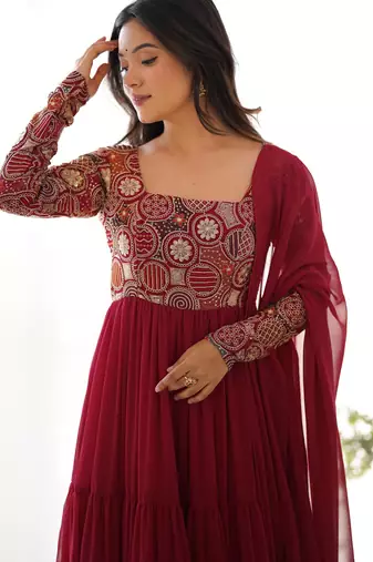 women's embroidery work faux georgette flared anarkali pant and dupatta set