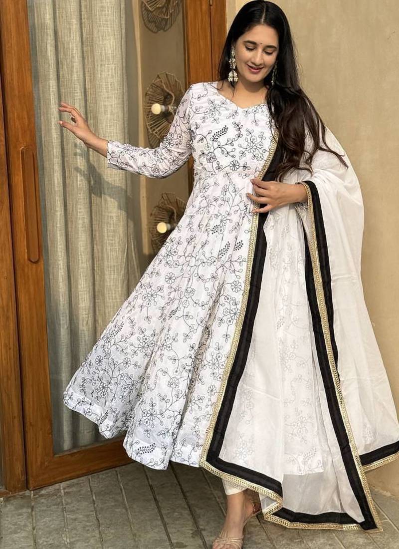 white vichitra silk blend  party wear embroidery salwar suit set