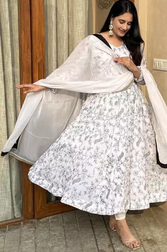 white vichitra silk blend  party wear embroidery salwar suit set