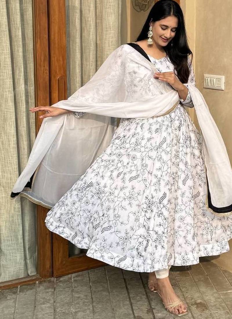 white vichitra silk blend  party wear embroidery salwar suit set