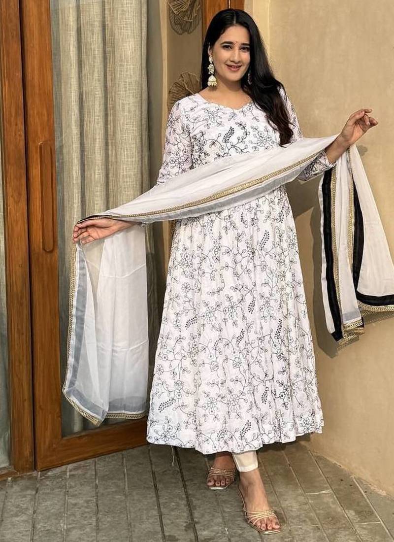 white vichitra silk blend  party wear embroidery salwar suit set