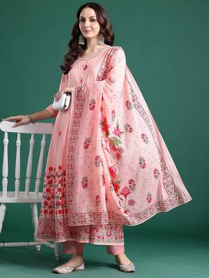 Floral Printed Beads & Stones Cotton Kurta With Trousers & Dupatta 1