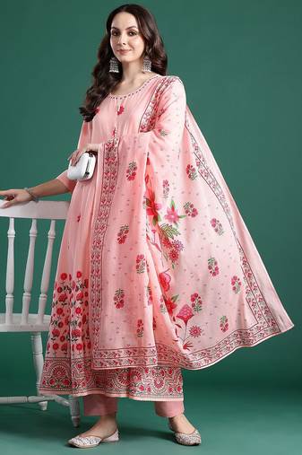 Floral Printed Beads & Stones Cotton Kurta With Trousers & Dupatta