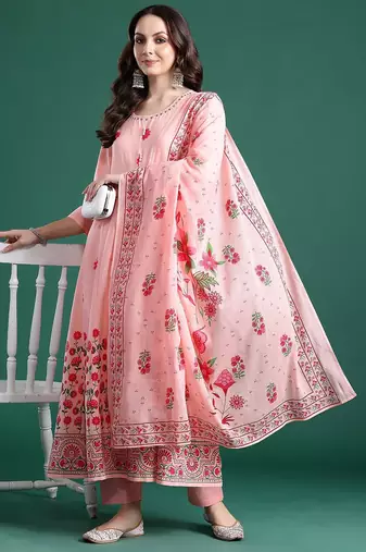 Floral Printed Beads & Stones Cotton Kurta With Trousers & Dupatta