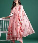 Floral Printed Beads & Stones Cotton Kurta With Trousers & Dupatta