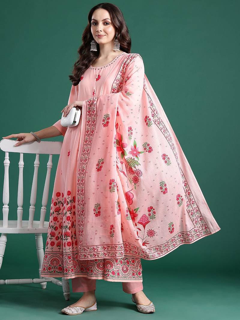 Floral Printed Beads & Stones Cotton Kurta With Trousers & Dupatta