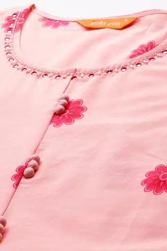 Floral Printed Beads & Stones Cotton Kurta With Trousers & Dupatta