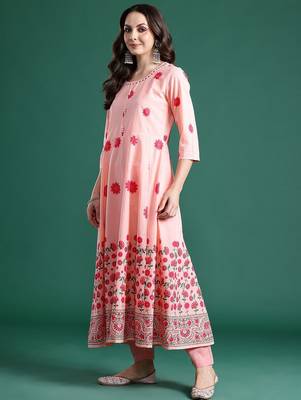 Floral Printed Beads & Stones Cotton Kurta With Trousers & Dupatta 5