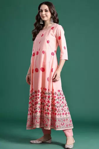 Floral Printed Beads & Stones Cotton Kurta With Trousers & Dupatta