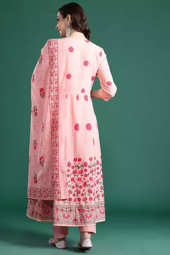 Floral Printed Beads & Stones Cotton Kurta With Trousers & Dupatta