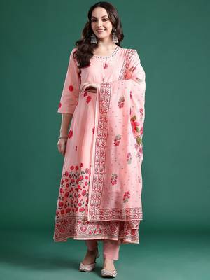 Floral Printed Beads & Stones Cotton Kurta With Trousers & Dupatta 7