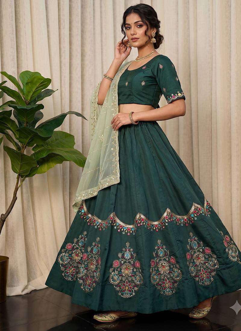 Emerald Green silk blend Lehenga Choli with Heavy Embroidery for Dandiya and 