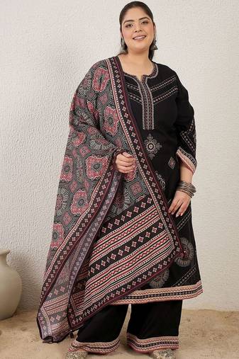 Plus Size Black Embroidered Straight Kurta Palazzos With Dupatta Set