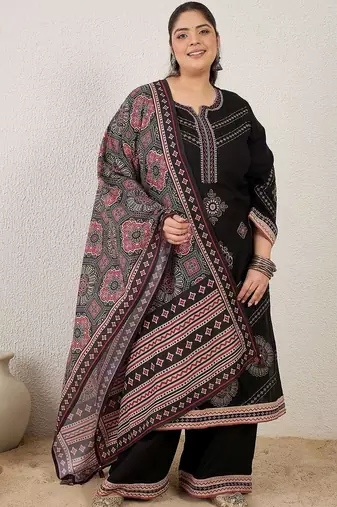 Plus Size Black Embroidered Straight Kurta Palazzos With Dupatta Set
