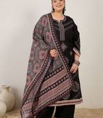 Plus Size Black Embroidered Straight Kurta Palazzos With Dupatta Set