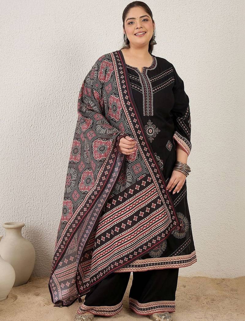 Plus Size Black Embroidered Straight Kurta Palazzos With Dupatta Set