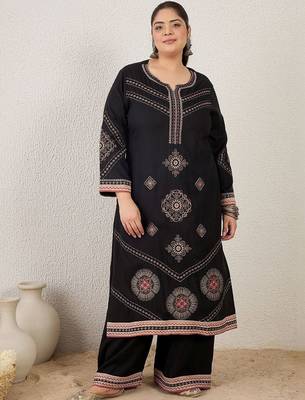 Plus Size Black Embroidered Straight Kurta Palazzos With Dupatta Set 2