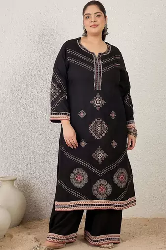 Plus Size Black Embroidered Straight Kurta Palazzos With Dupatta Set