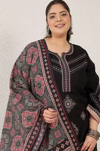 Plus Size Black Embroidered Straight Kurta Palazzos With Dupatta Set