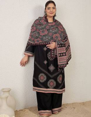 Plus Size Black Embroidered Straight Kurta Palazzos With Dupatta Set 4