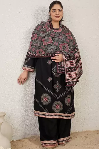 Plus Size Black Embroidered Straight Kurta Palazzos With Dupatta Set