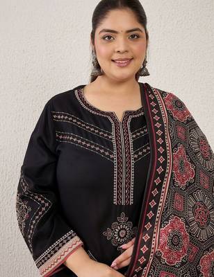 Plus Size Black Embroidered Straight Kurta Palazzos With Dupatta Set 5