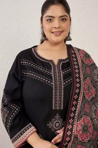 Plus Size Black Embroidered Straight Kurta Palazzos With Dupatta Set