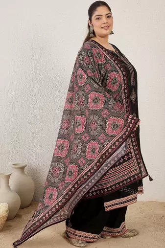 Plus Size Black Embroidered Straight Kurta Palazzos With Dupatta Set